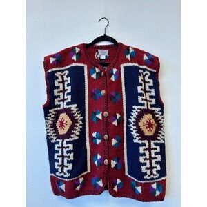 Orchid Lane Sweater Vest Mens XL Red Blue Wool Knit Geometric Ecuador